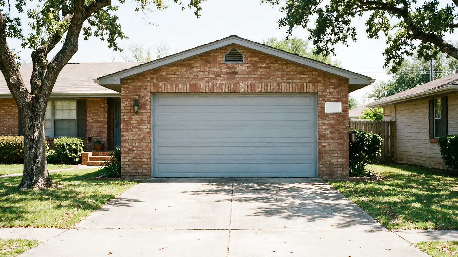 A light gray garage door is on a brick house with a concrete driveway.