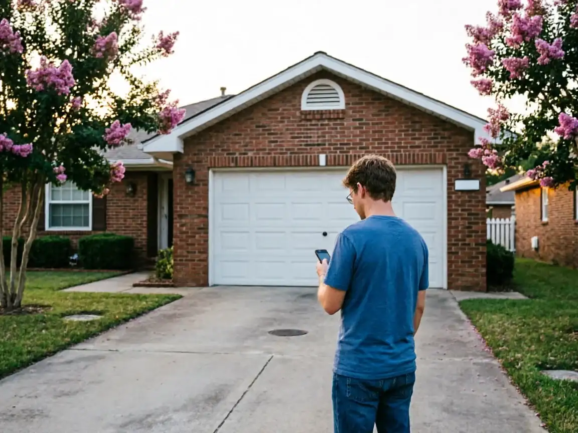A man stands in a driveway looking at his phone in front of a house.